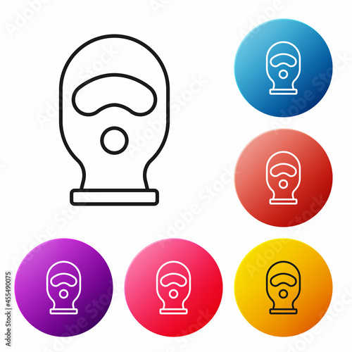 Black line Balaclava icon isolated on white background. A piece of clothing for winter sports or a mask for a criminal or a thief. Set icons colorful circle buttons. Vector