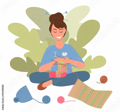 Smiling woman is knitting a new sock from an old scarf. Secondary use of old clothes. Concept of recycling and reducing waste. Illustration in flat style, isolated on white background.