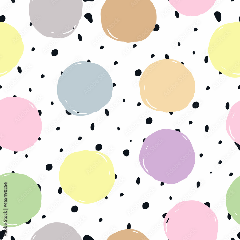 Drawing pattern with round shapes black dots drops texture on white background Modern original textiles wrapping paper wall art designs Cartoon children's style Fashion print clothes card poster cover