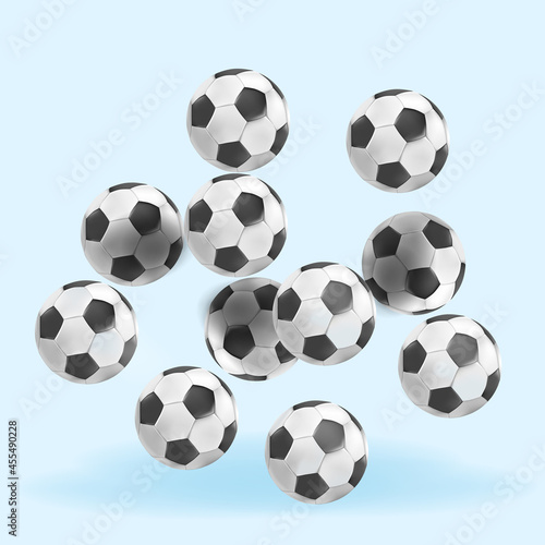 Poster with soccer balls. Equipment for playing football. Design for social networks, printing on paper and fabric. Print for shirts. Modern realistic vector illustration isolated on blue background