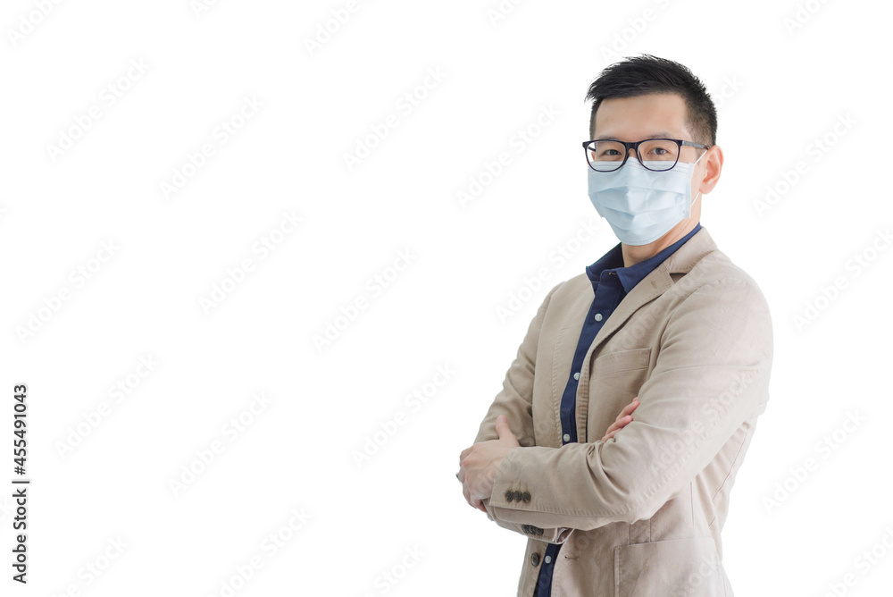 Business employees wearing mask isolate on white background with copy space.