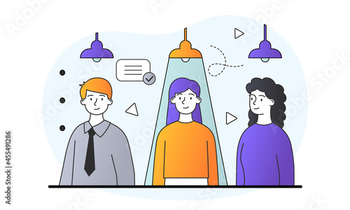Business hiring and recruitment concept. Choose between three candidates for job. Selection and individual talent searching. Cartoon doodle flat vector illustration isolated on white background
