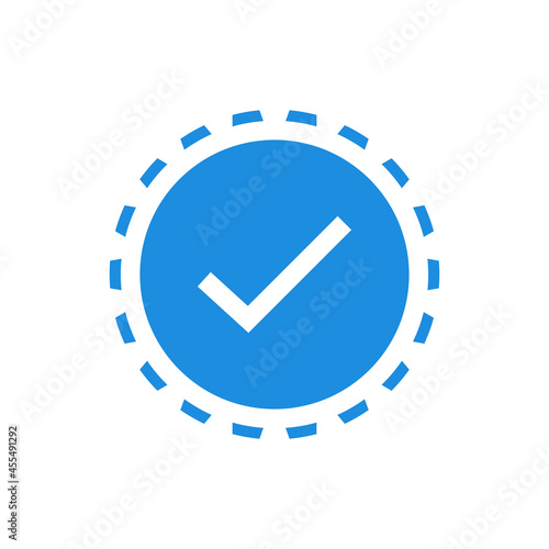 Approved Icon. White Check Mark with Blue Circle and Dashed Line Sticker Label isolated on White Background. Flat Vector Icon Design Elements For Web Templates. photo