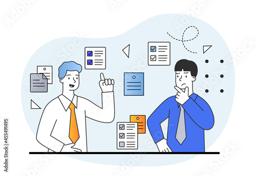 Time management and planning concept. Men surrounded by stickers think about tasks that need completed. Metaphor for personal effectiveness. Cartoon doodle flat vector illustration on white background