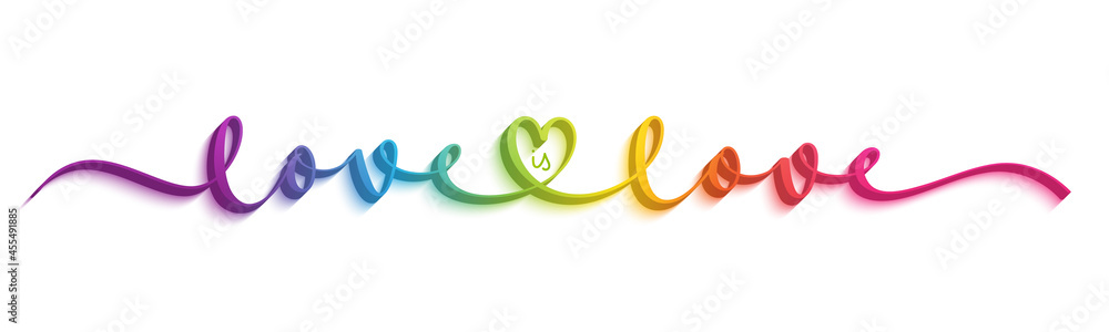 Obraz premium LOVE IS LOVE vector brush calligraphy banner in rainbow gradient on white background
