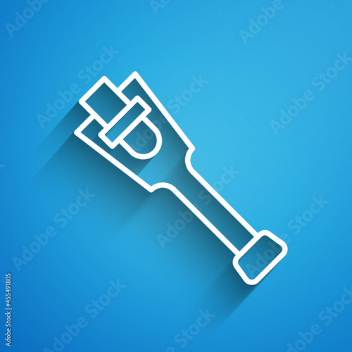 White line Prosthesis leg icon isolated on blue background. Futuristic concept of bionic leg, robotic mechanical leg. Long shadow. Vector