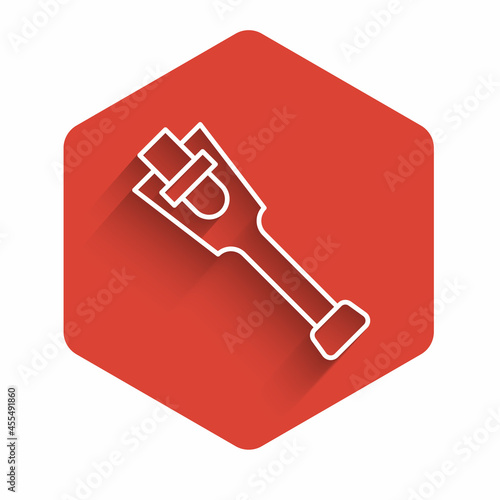 White line Prosthesis leg icon isolated with long shadow. Futuristic concept of bionic leg, robotic mechanical leg. Red hexagon button. Vector