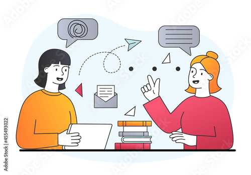 Child training basic language skills. Articulation problem and speech therapy. Teacher explains to girl correct pronunciation of words. Cartoon flat vector illustration isolated on white background