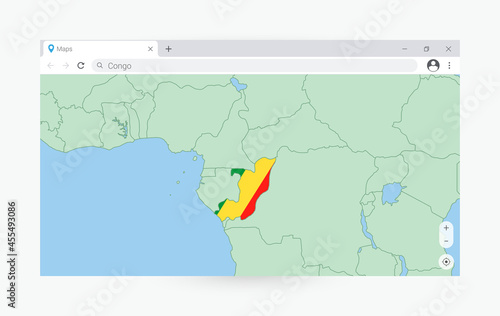 Browser window with map of Congo  searching  Congo in internet.