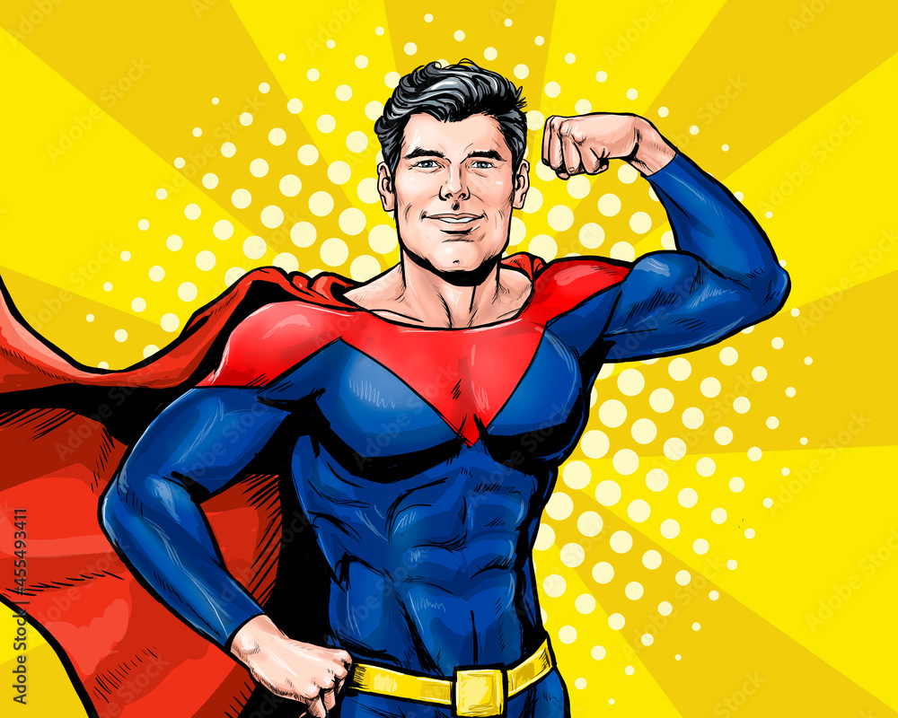Pop Art super hero show his biceps to show off. Man power advertising poster.  Strong smiling sporty athletic toned fit man. Stock Illustration | Adobe  Stock