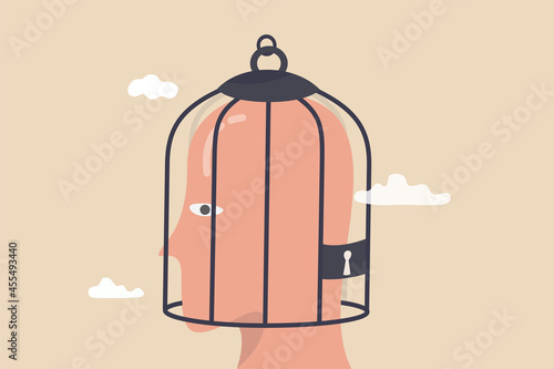 Fixed mindset, negative emotion refuse to learn anything new, fearful or mental lock, suppression or aversion disorder concept, bird cage lock over depressed fearful human brain Fototapeta