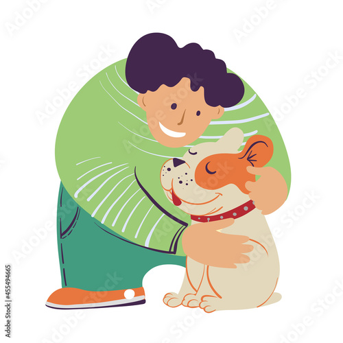 Portrait of human with your pet. Boy and french bulldog. Love and care of the little pet friend