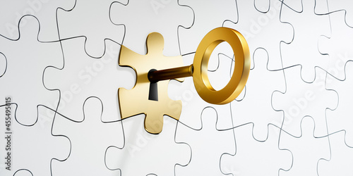 White and golden puzzle pieces with golden key - 3D illustration