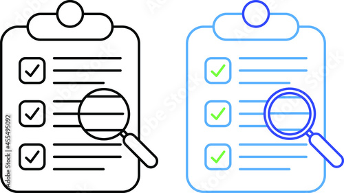 Successfully complete business assignments icon. Magnifying glass with a checklist on paper. Vector illustration.