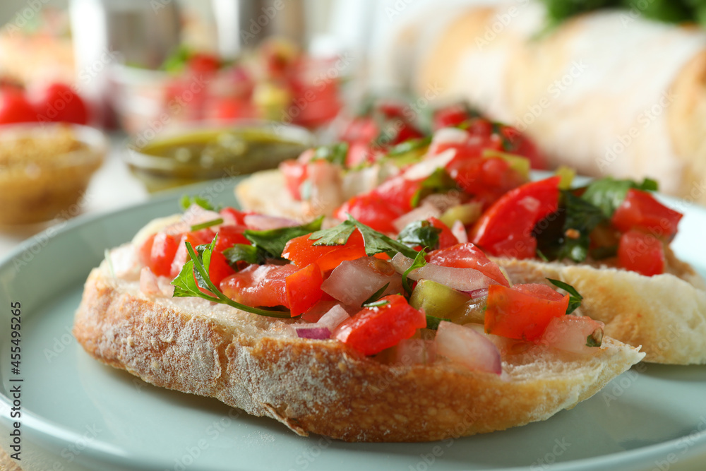 Concept of tasty food with bruschetta snacks