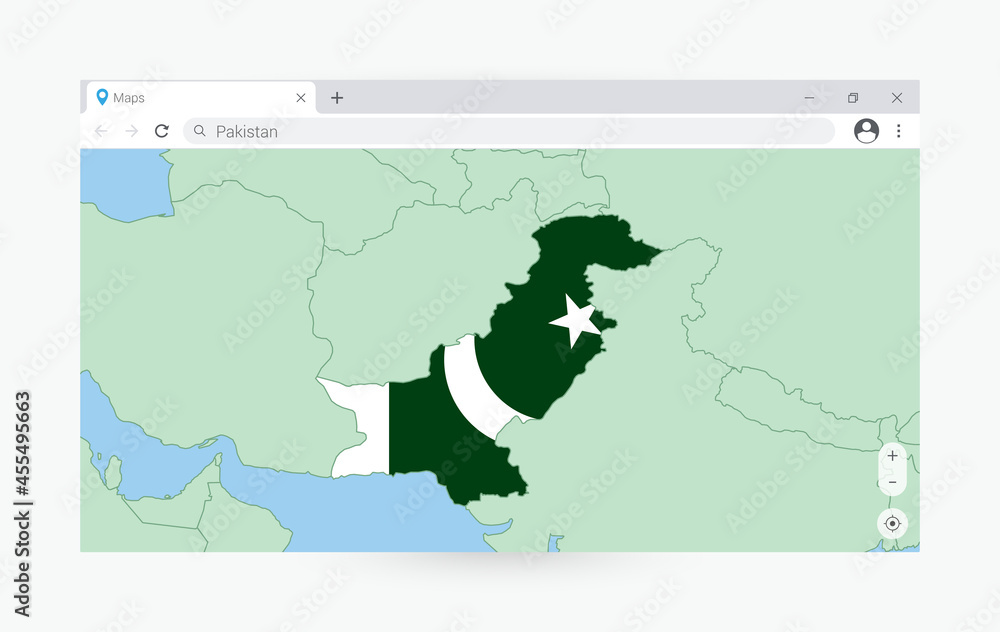 Fototapeta premium Browser window with map of Pakistan, searching Pakistan in internet.