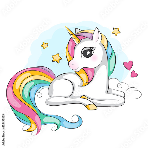 Beautiful illustration of cute  magical unicorn with mane rainbow colors. Its lies on clouds. Isolated. Beautiful picture for your design.  