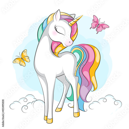 Beautiful illustration of cute little smiling unicorn  with mane  rainbow colors  .Hand drawn picture for your design.