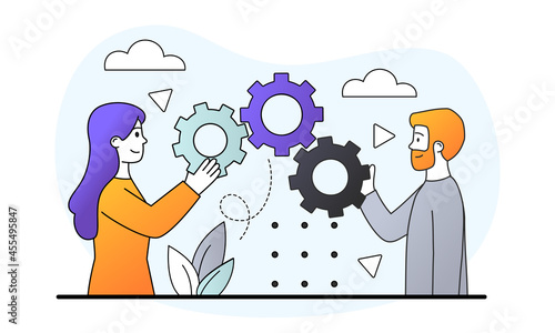 Partnership and teamwork concept. Man and woman start development mechanism. Metaphor for successful work and business progress. Cartoon doodle flat vector illustration isolated on white background