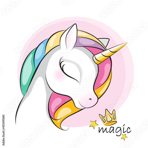 Portrait of cute unicorn .Beautiful picture for your design. Children background. Magic pony.  Hand drawn illustration  on white. Isolated.