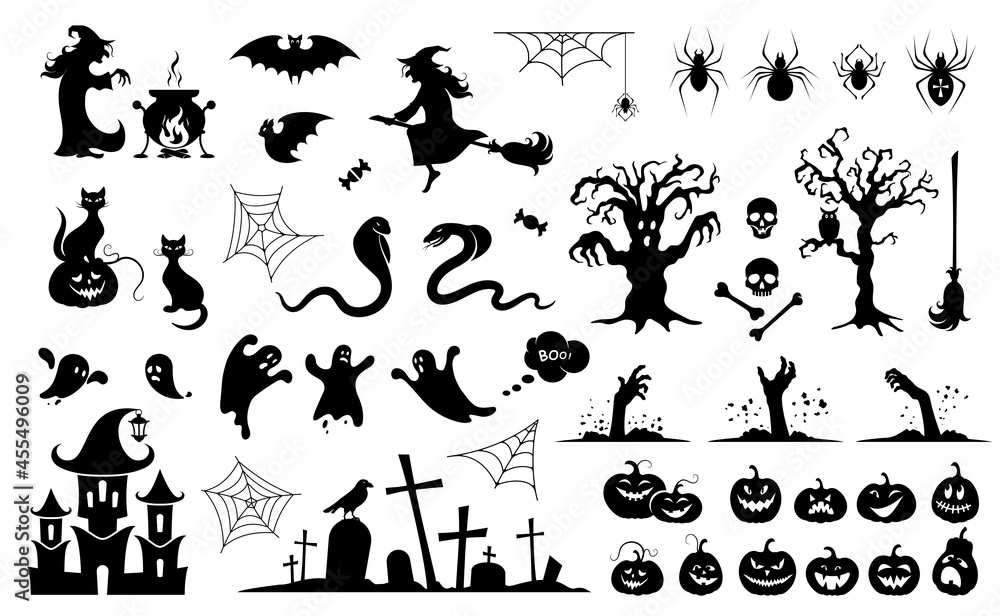 Halloween characters silhouettes and icons set. Scary ghosts, zombies, witches and scary animals. Magical collection for party, celebration, template and decoration. Isolated. Vector illustration