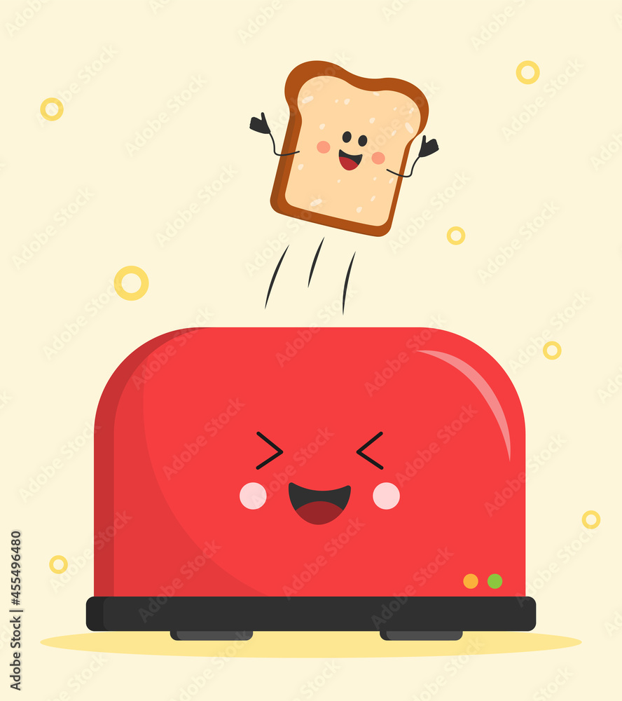 Vecteur Stock Bread pops out of toaster. Funny pictures for kids. Graphic  elements for websites. Banner for sale of goods. Colorful and bright image.  Cartoon flat vector illustration isolated on beige background