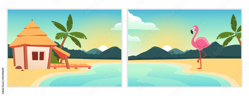Flamengo stands near house in tropics. Summer picture with good place to relax. Wildlife, lake, animals. Image for printing on fabric. Cartoon flat vector illustrations isolated on white background