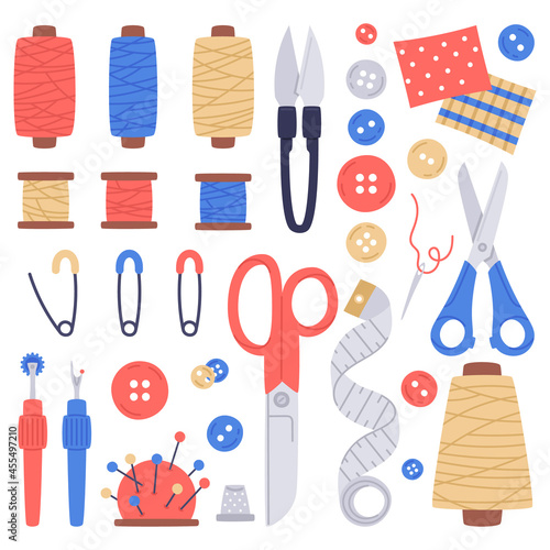 Sewing, needlework doodle tools. Hand drawn scissors, needles, buttons, thread spools. Cartoon sewing tools vector illustration set
