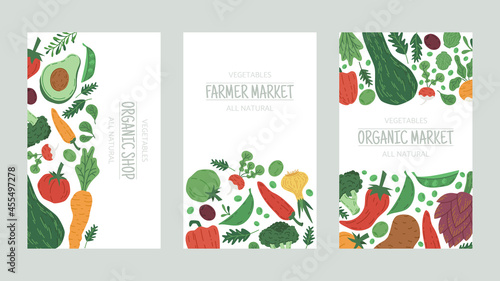 Vegetables farm market food doodle banners. Tomato, pepper, beetroot and radish healthy vegetarian food posters cartoon vector illustration. Farmer organic vegetables shop cards