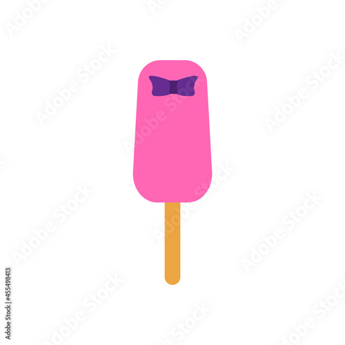 Bright pink ice cream on stick with violet bow isolated on white background. Ice cream lolly icon on flat style. Cartoon vector illustration. Clip art for t-chirt, postcard, sticker, print, case phone