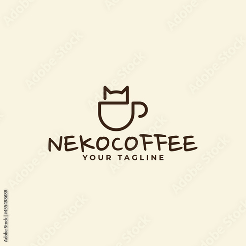 line art cup and cat logo design. coffee  symbol template vector illustration.