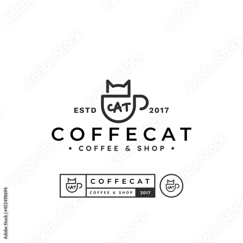 line art cup and cat logo design. coffee  symbol template vector illustration.