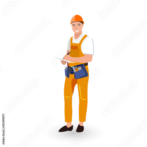 man in orange work suit and orange helmet in flat style