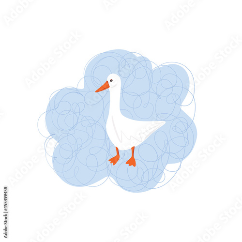 Simple illustration of a goose on a cloud. Hand-drawn childrens illustration of a duck in cartoon style. Cute gosling. Isolated on white background.