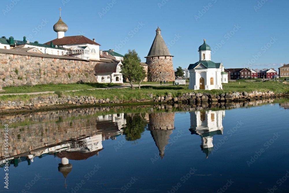 View of Russian Orthodox Monastery and White Sea. Bolshoy Solovetsky Island. Russia.