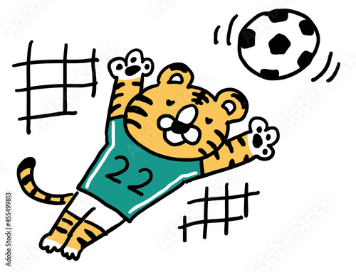 サッカーでゴールキーパーをしているトラ