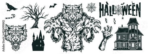 Vintage monochrome Halloween elements set