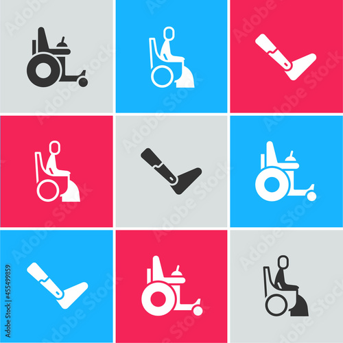 Set Electric wheelchair, Woman in and Prosthesis leg icon. Vector