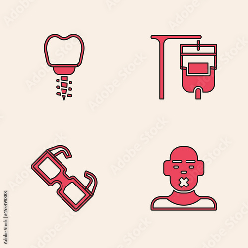 Set Head of deaf and dumb, Dental implant, IV bag and Eyeglasses icon. Vector