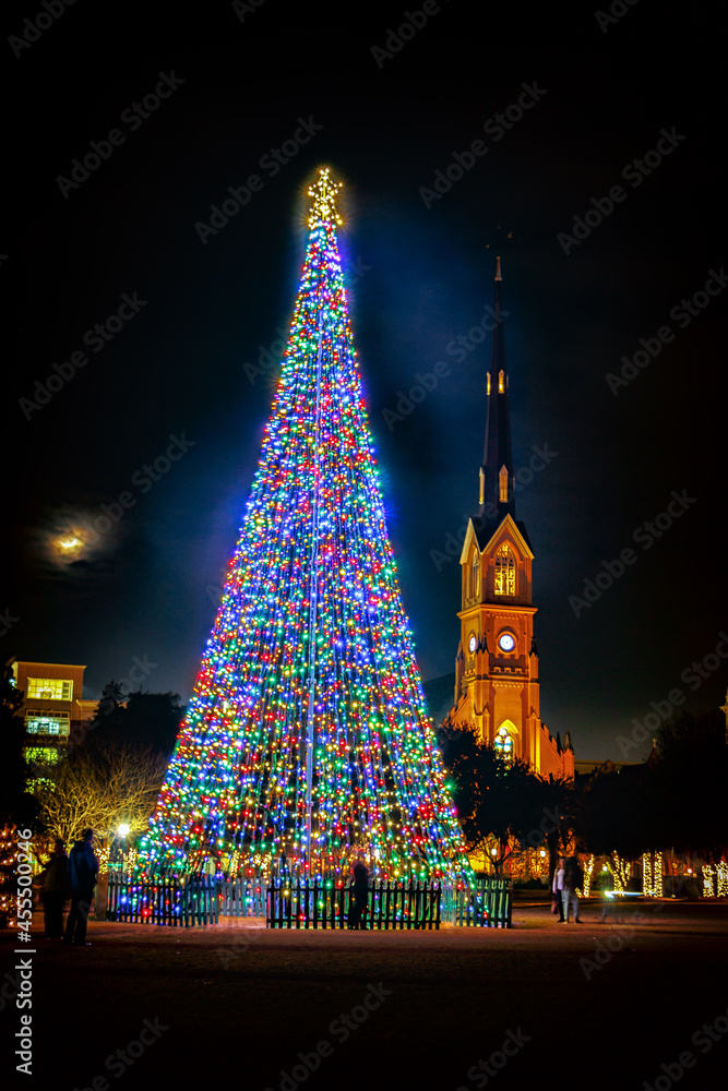 Christmas tree of lights at night