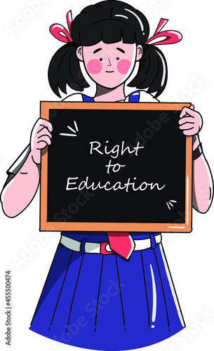A cute and innocent school girl is holding a slate in her uniform that saying, 'right to education'.