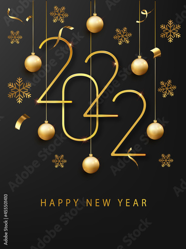 Happy New 2022 Year greeting card or banner template. Golden metallic numbers 2022 with shining snowflake and confetti on black background. Holiday decoration
