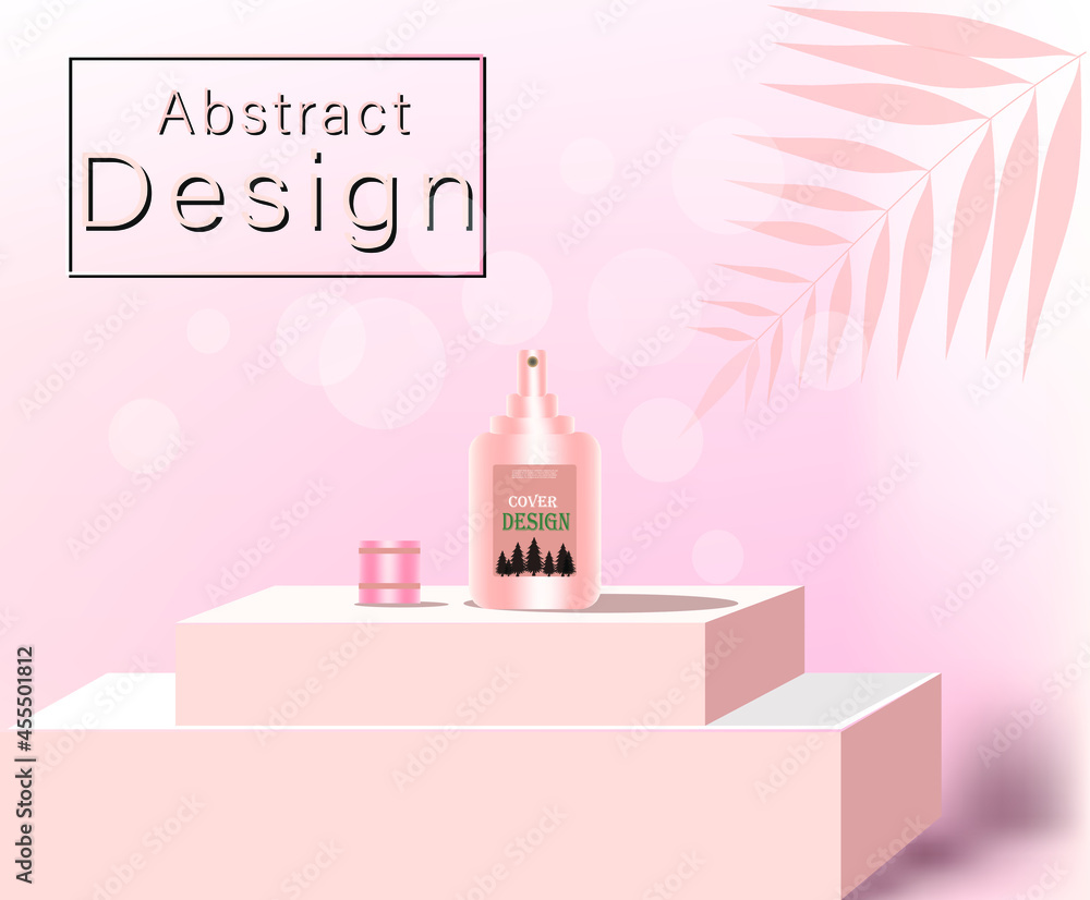 Naklejka premium Pink mockup of bottle dispenser on a podium , empty container with spraying fog in 3d illustration on a light background.