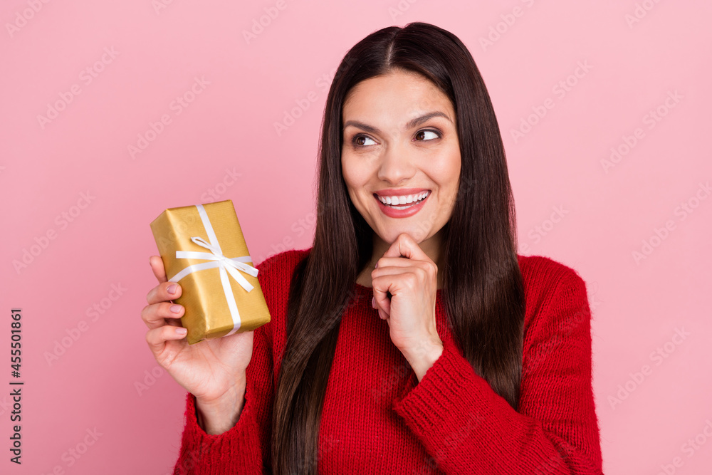 Photo of excited brunette lady hold present look empty space wear red pullover isolated on pink color background Photo of excited brunette lady hold present look empty space wear red pullover isolated on pink color background