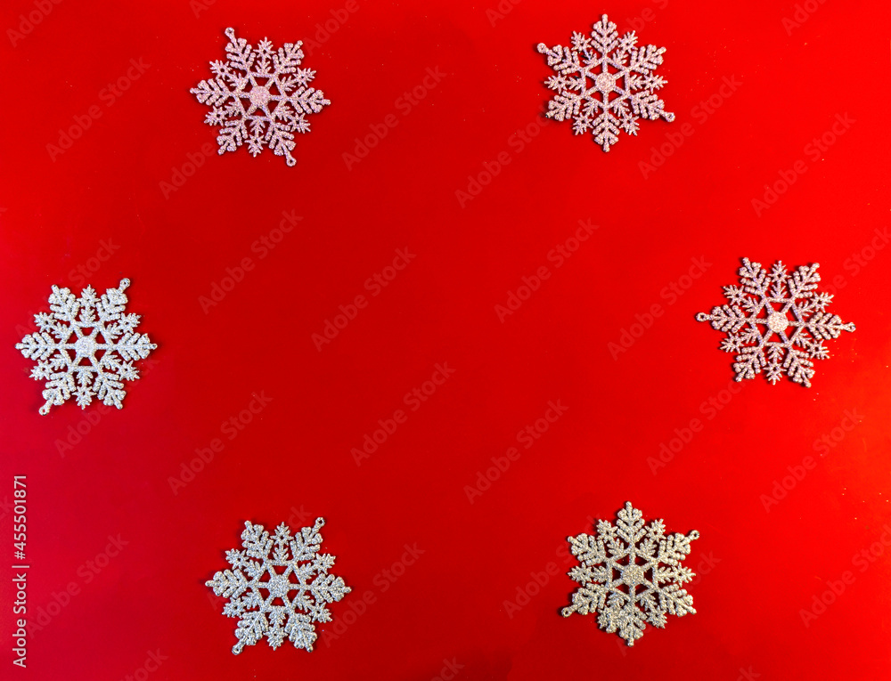 christmas and new year flat lay with copy space on red background christmas and new year flat lay with copy space on red background