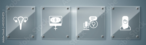 Set Muslim woman in hijab, Microphone, Money growth and Female reproductive system. Square glass panels. Vector