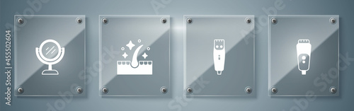 Set Electric razor blade, Hair clipper, Oil for hair care treatment and Hand mirror. Square glass panels. Vector