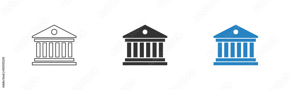 Black bank icon set. Government building, flat vector - obrazy, fototapety, plakaty 