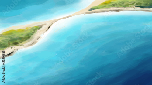 Vector illustration of tropical beach in daytime. Hand painted watercolor background. © PEKENBALI