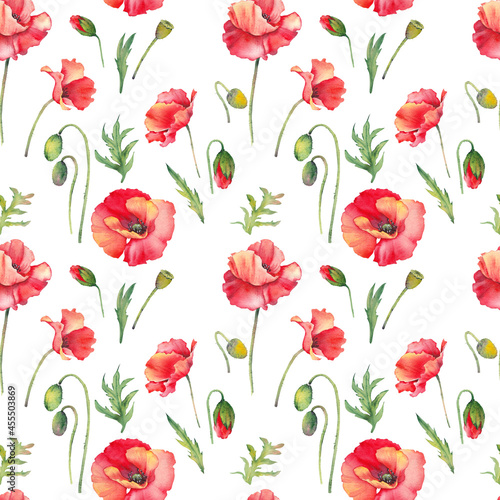 Seamless pattern with poppy flowers and buds. Watercolor illustration on white background.